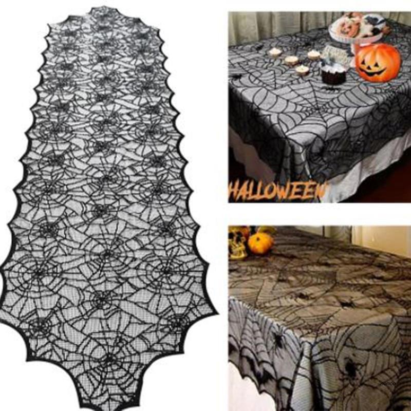 ตกแต่งฮาโลวีนผ้าปูโต๊ะลูกไม้สีดำ Cobweb โคมไฟรูปแบบอุปกรณ์จัดงานปาร์ตี้