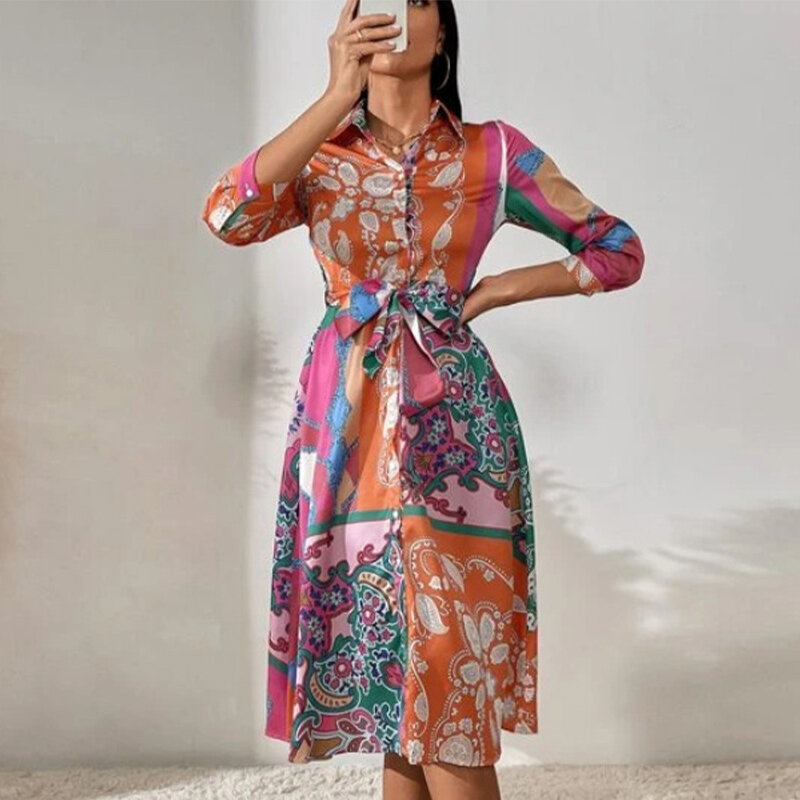 Mode Cetakan Bunga 2022 Musim Semi dan Musim Gugur Kerah Tujuh Poin Lengan Kasual Chic Longgar Pakaian Wanita Gaun Jubah