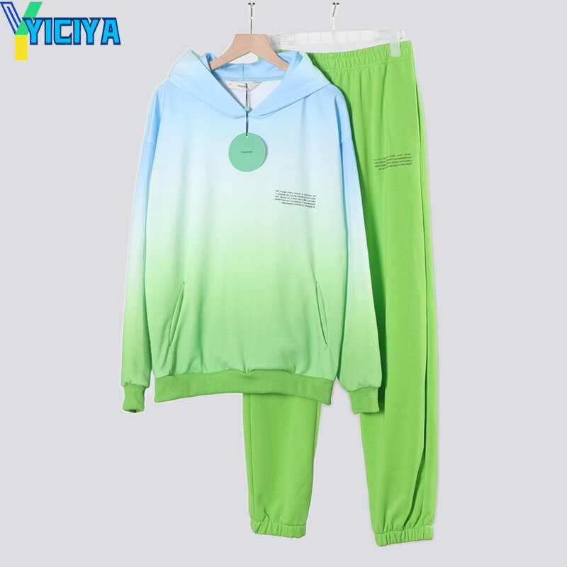 Yiciya Horizon Trainingspak Mk Gradiënt Naaien Sweatshirt En Broek Twee Peice Sets Dames Jogging Sportkleding Pakken Crop Top
