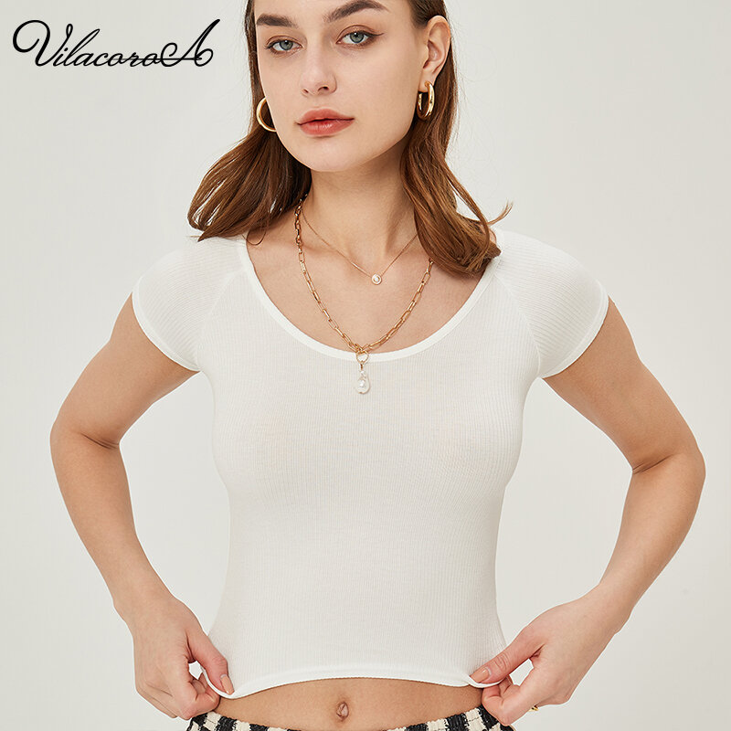 Vilacoroa-Top corto para mujer, camisa de cuello redondo para mujer, Tops cortos sexys, Camisetas básicas ajustadas informales negras, camisetas blancas
