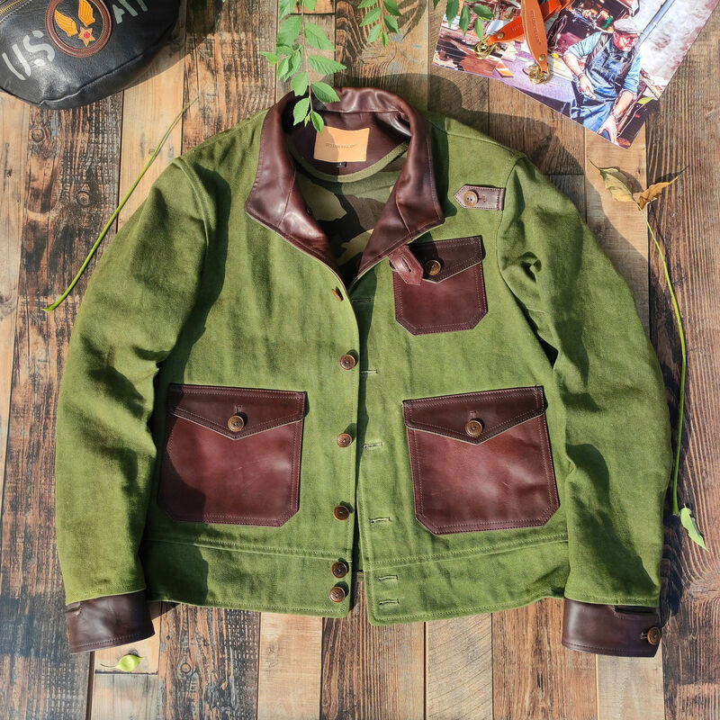 YR! Бесплатная доставка. 2023 армейская куртка из вощеной ткани со сращиванием конского шкуры. Качественная кожаная одежда в винтажном стиле. Качественное парусиновое пальто