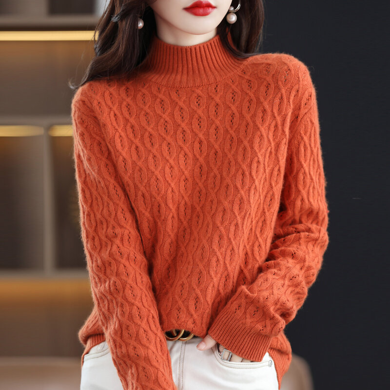 Addensato Retro Twist mezzo dolcevita maglione di lana donna autunno inverno nuovo Pullover fondo tinta unita Hollow All-match Top