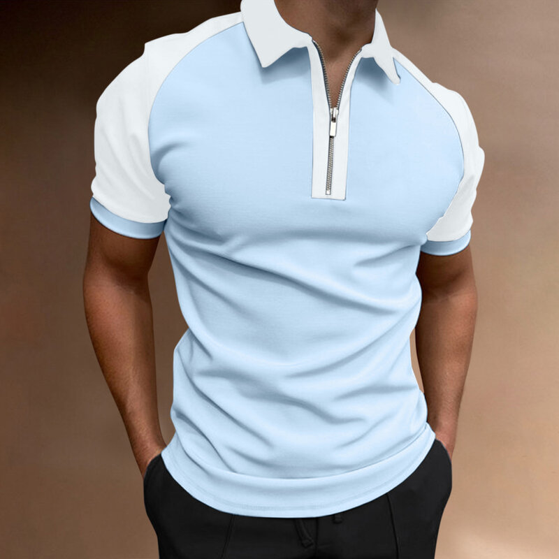 2022 męska koszulka Polo letnia na co dzień Slim Fit Polo modna, patchworka odzież męska Zipper skręcić w dół kołnierz koszulka Polo Tee topy