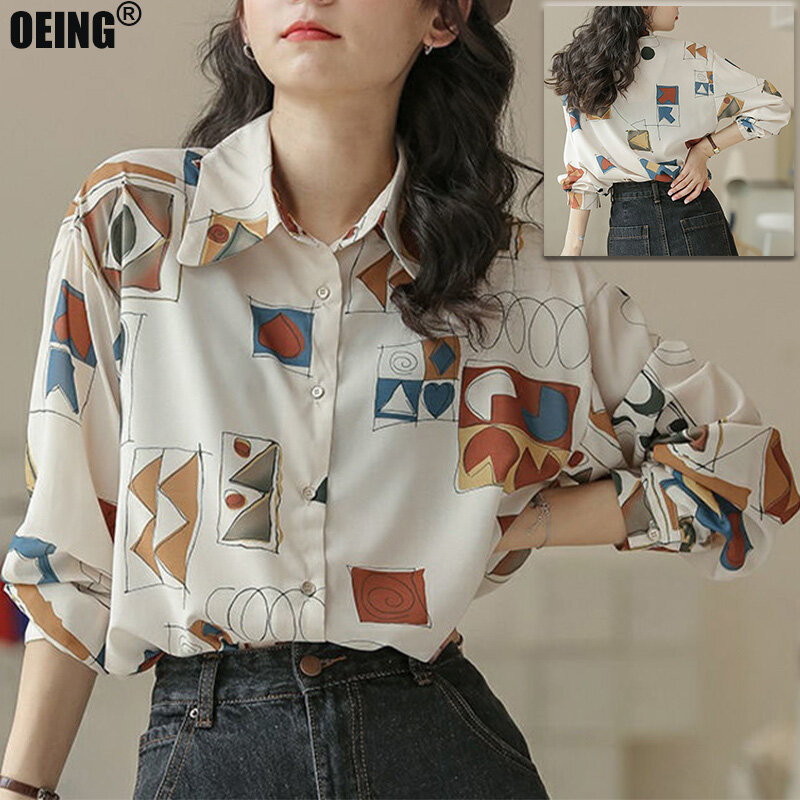 Geometric Printing Vintage Long Sleeve Fashion Woman Blouses 2022 Streetwear Young Style Autumn Shirts Y2k Button Harajuku Top