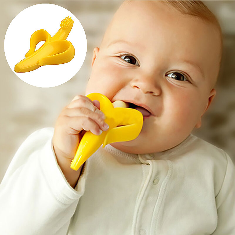Brosse à dents en forme de banane pour apprentissage pour bébé,accessoire de puériculture en silicone, cadeau idéal pour nourrisson et bambin, jouet pour mâcher, anneau sans danger, article sans BPA,