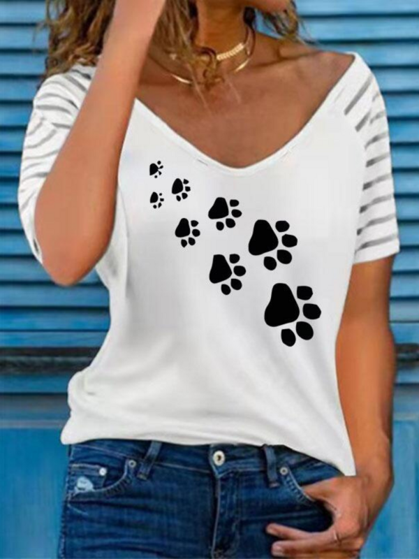 2023 Summer Women Clothing S-5XL Fashion T-Shirt Dog Cat Paw Animal Short Sleeve Harajuku Casual Loose T Shirt V-neck Female Top