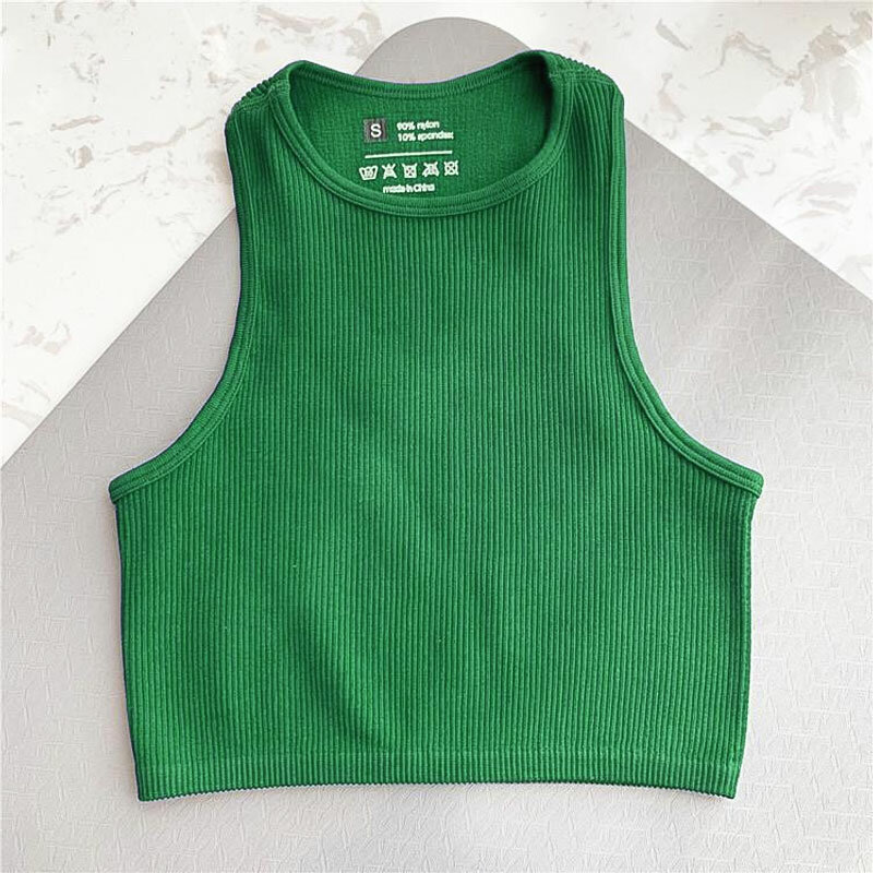 Rib Green Tank Top Femme Casual Sport Tops O Hals Effen Basic T-shirts Naadloze Vest Streetwear Mouwloze Casual Sexy Crop top
