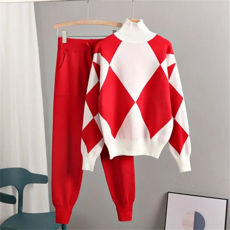 2022 geometric feminino conjuntos de ternos de camisola outono inverno grosso macio malha conjuntos pullovers + calças compridas ternos de pista casuais