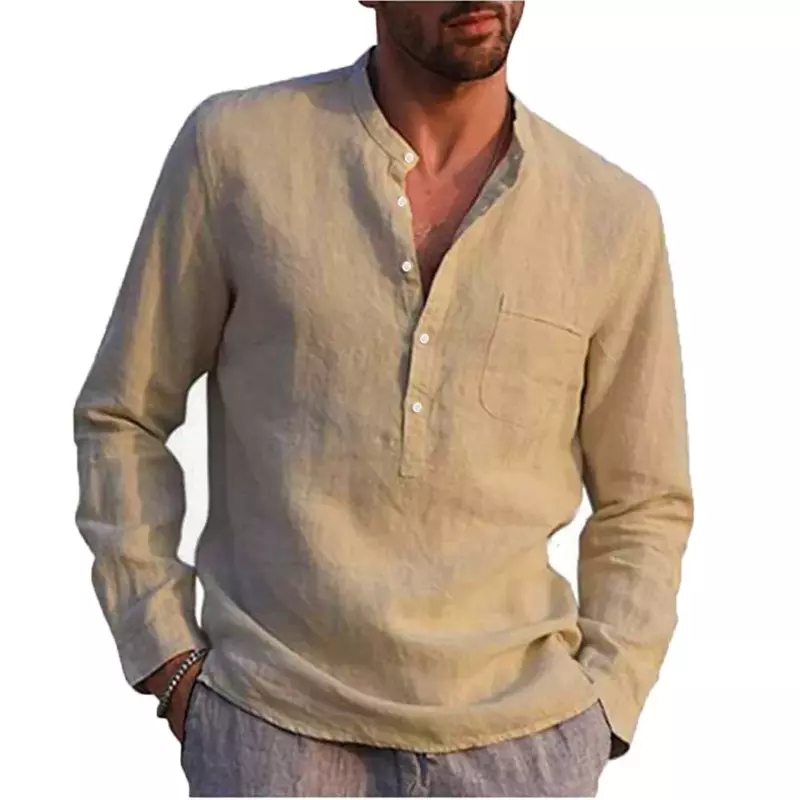 Мужская рубашка из 100% хлопка и льна, с длинным рукавом и воротником-стойкой
