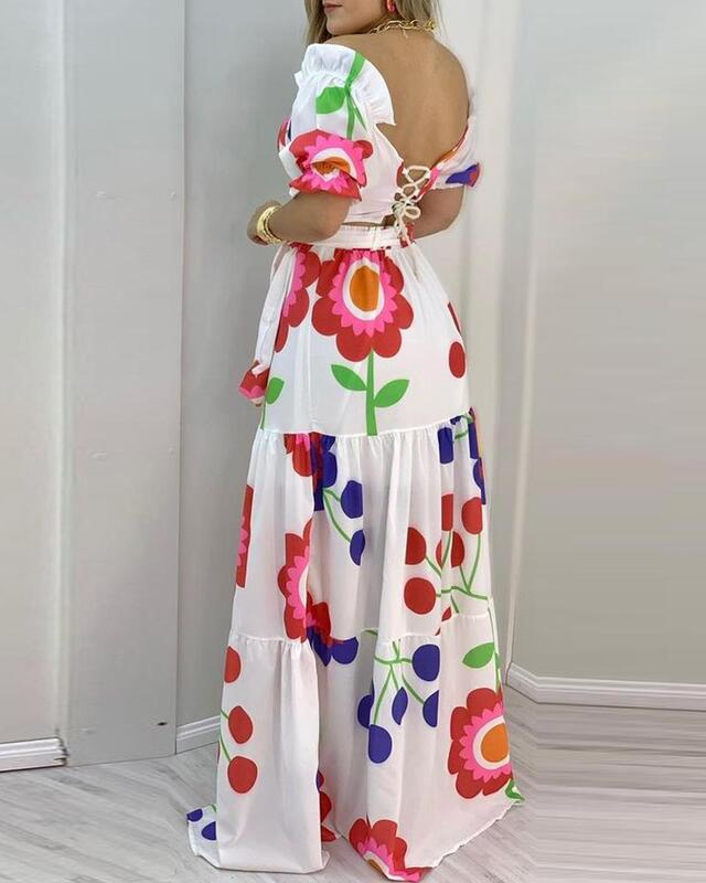 Женский летний комплект с цветочным принтом, укороченный топ на шнуровке с открытой спиной и юбка макси