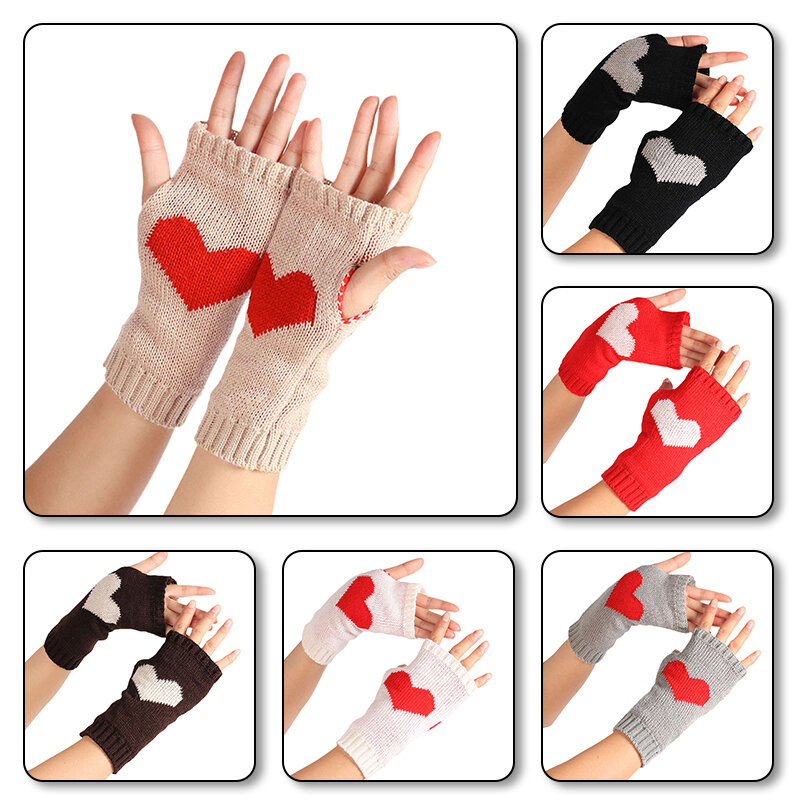 Женские зимние перчатки для сенсорного экрана, плотные теплые вязаные перчатки с принтом сердечек, перчатки без пальцев, уличные лыжные защитные принадлежности