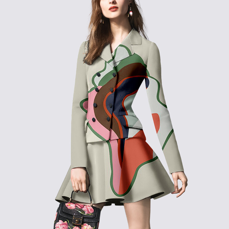 Europe and the United States temperament printing suit half skirt two-piece 2022 spring new imperial style fashion suit