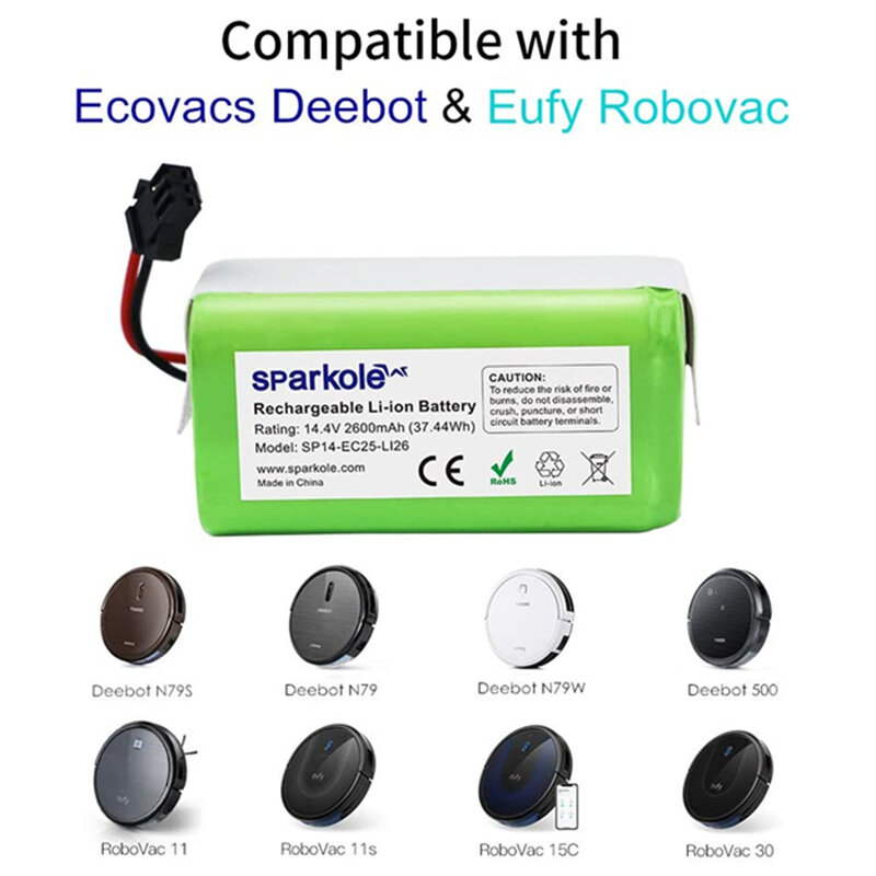 Sparkole 14.4v 2600mah li-ion bateria para conga excelência 990 1090 1790 ecovacs deebot n79s n79 dn622 eufy robovac 11 11s 35c