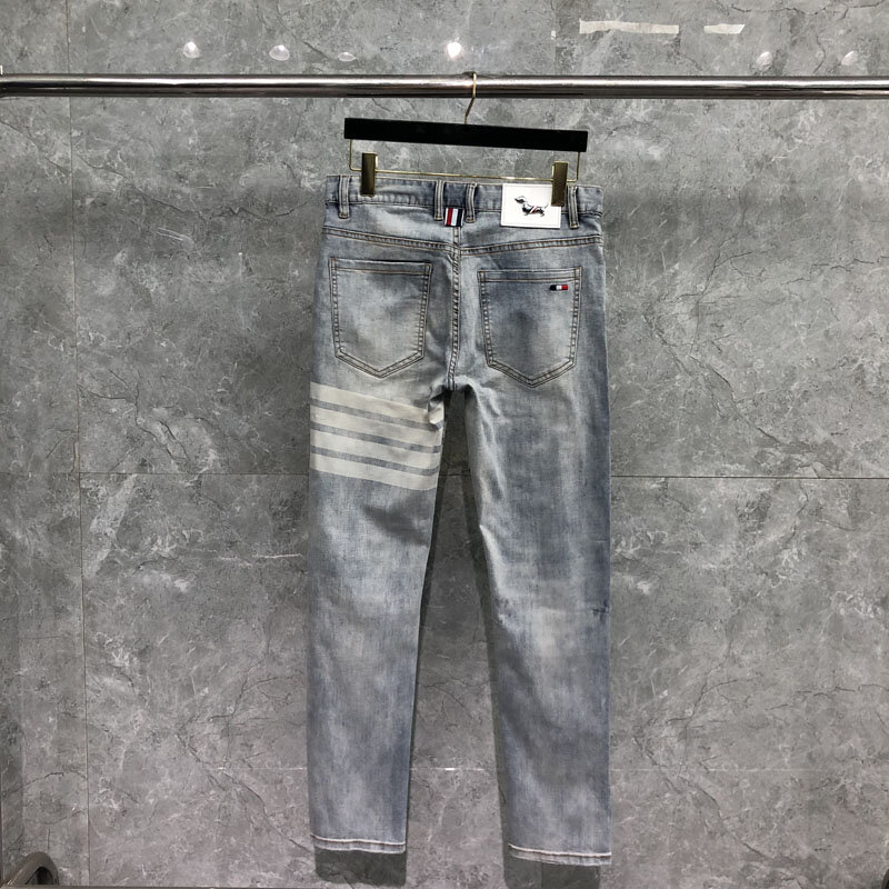 TB Thom-Jeans de algodão de perna cônico masculino, calça elástica masculina de ajuste reto, ajuste atlético, clássico, ajuste regular, alta qualidade