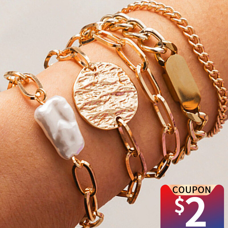 5 pçs do punk curb cubana chain pulseiras conjunto para mulheres miami boho grosso ouro cor charme pulseiras pulseiras moda jóias