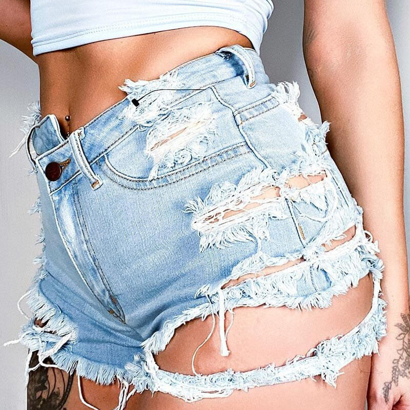 The New Summer 2022 Insta-style Hole-in-the-hole Denim Shorts High-waisted Wide-leg Shorts with Mustaches