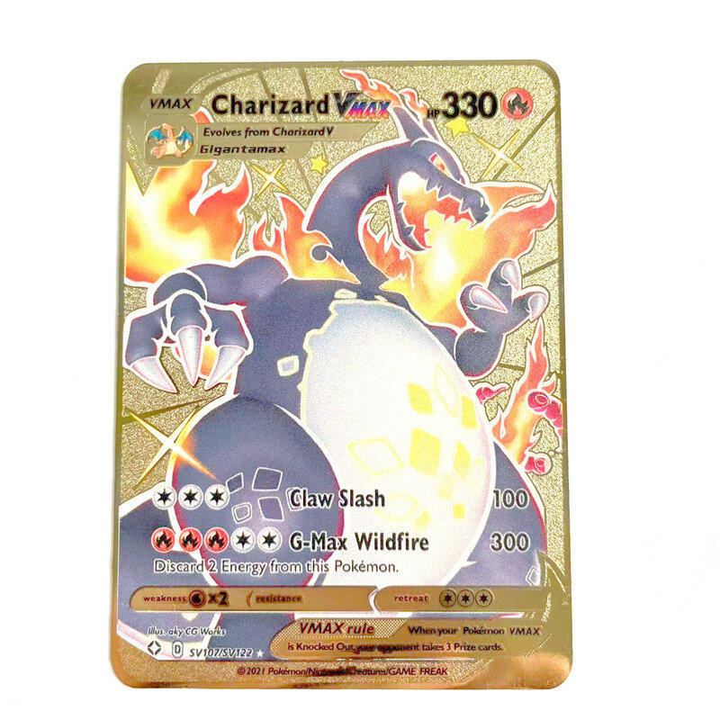 Novo 2021 pokemon cartões de metal cartão v pikachu charizard ouro vmax cartão crianças jogo coleção cartões natal presente