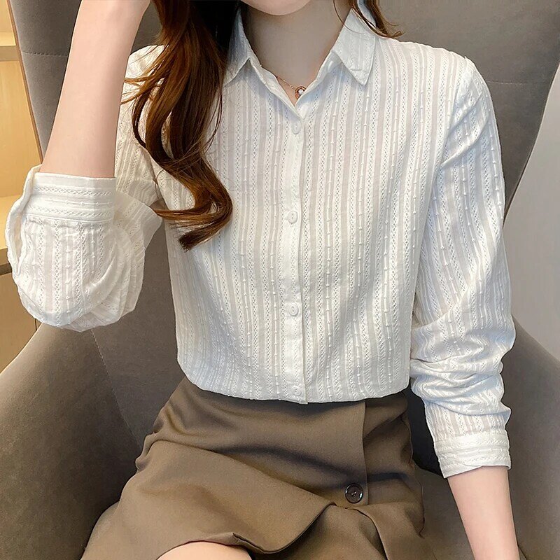 Small Fresh Women Shirt Striped Long-sleeved 2022 Spring New Literary Shirt Girls Simple Office Lady All-match Button Up Shirt