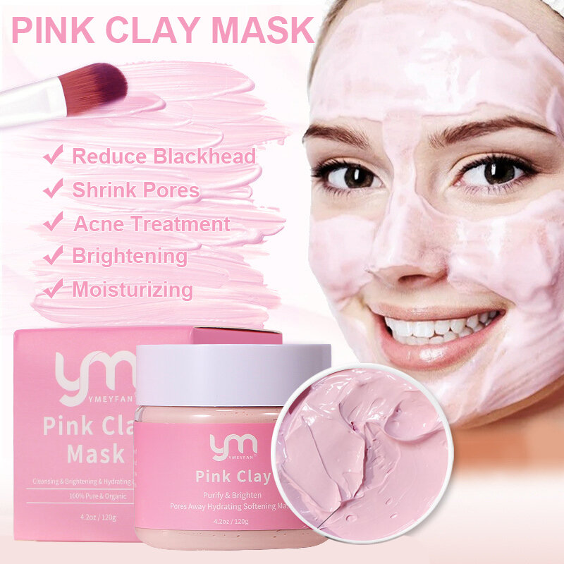 120g máscara de argila rosa para clareamento facial pele clara melhora acne escura cravo pele oleosa suave beleza cuidados com a pele