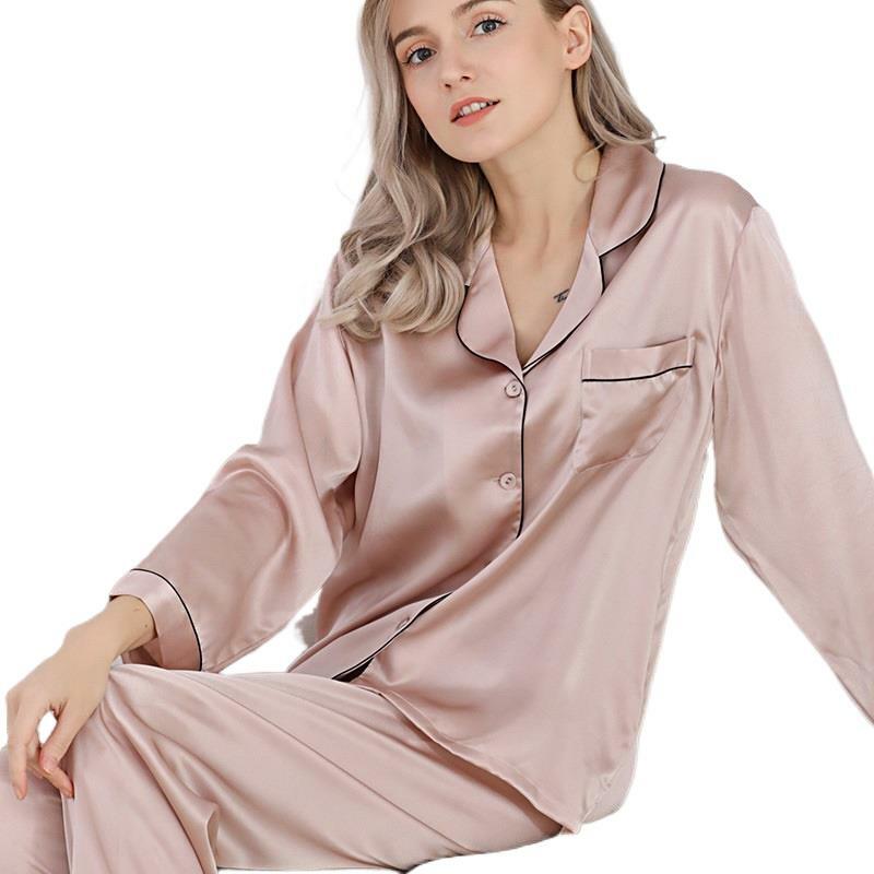 Pijamas de seda das mulheres 100% amoreira cetim de seda real 2 pçs terno roupas para casa de manga comprida 2022 conjuntos de pijamas de outono presente