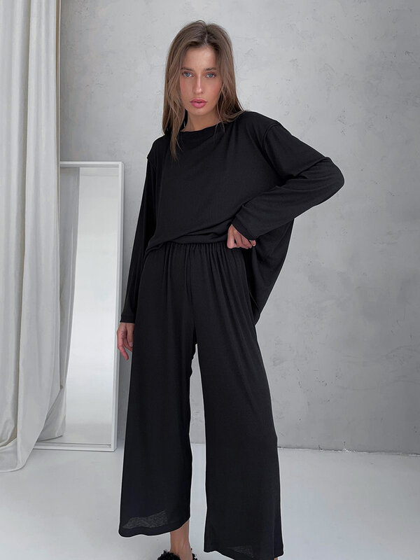 Hiloc Zwarte Geribbelde Thuis Pak Voor Vrouwen Nachtkleding Lange Mouw Sets Womens Outfits Grijs Gebreide Vrouwen Thuis Kleding 2022 pyjama