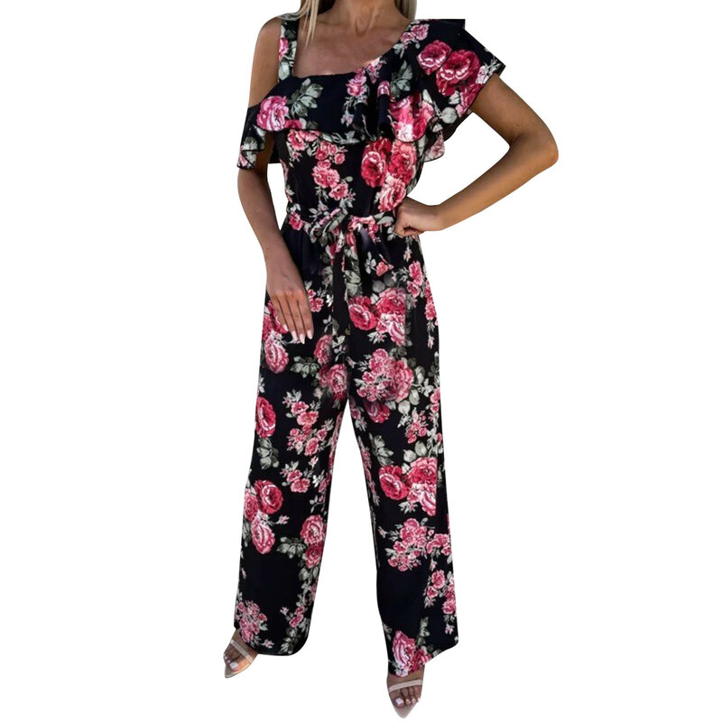 Feminino solto sem mangas floral impressão macacões para mulher vestido festa pintura macacão para mulher folhas pijama