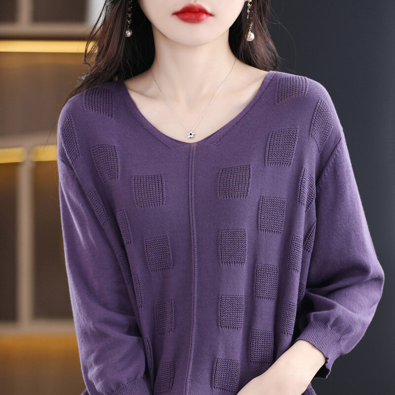 Suéter de manga corta con cuello en V para mujer, Jersey corto holgado de Color sólido con fondo Simple, novedad de primavera