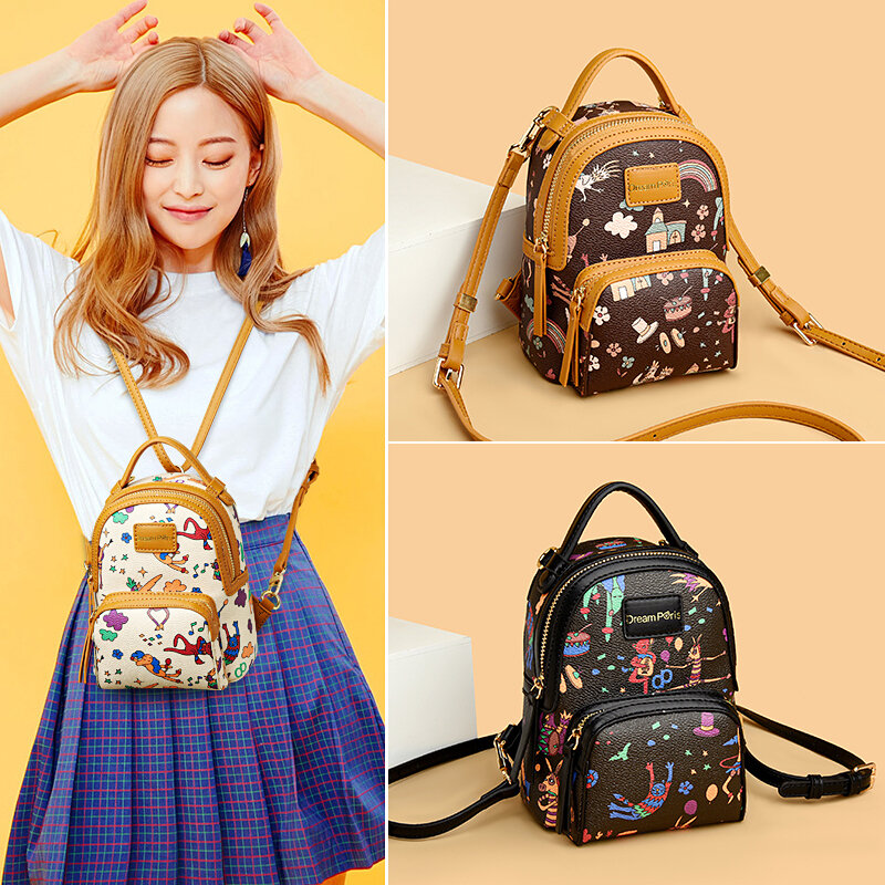 Moda feminina escola pequena mochila de alta qualidade couro do plutônio bonito impressão senhoras meninas dupla bolsa ombro para viagens compras