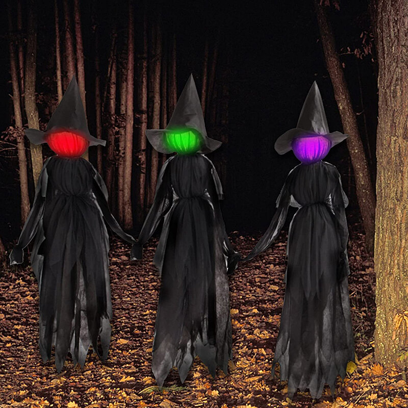 Décoration d'halloween de sorcières illuminées avec piquets, tête de sorcière tenant la main, accessoire de squelette effrayant pour décor de fête en plein air