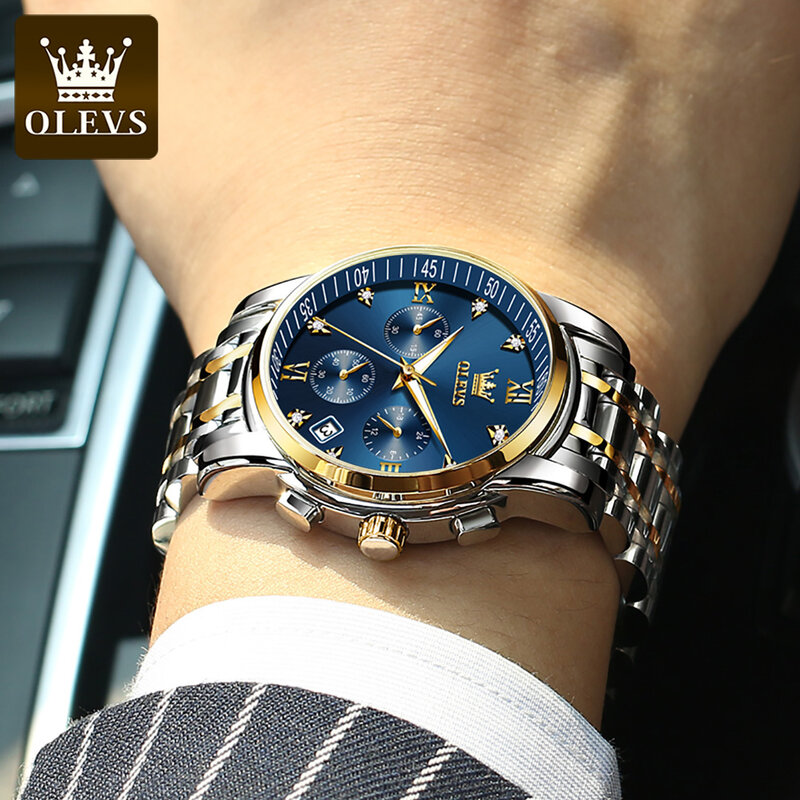 OLEVS wielofunkcyjny trzy-oko świetna jakość biznesmenów zegarek ze stali nierdzewnej stalowy pasek wodoodporny zegarek kwarcowy dla mężczyzn