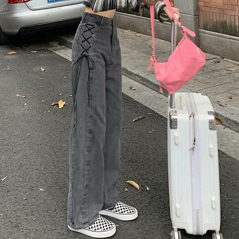 Kobiety koreański gotycki wysokiej talii dżinsy bajki Grunge spodnie szerokie nogawki Denim zasznurować Alt Harajuku proste spodnie Streetwear ubrania