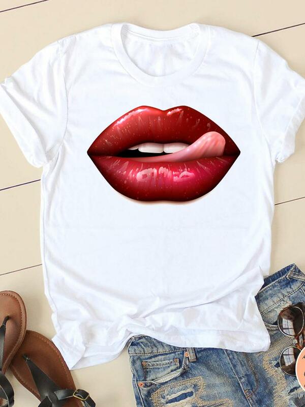 Ropa de moda con letras de labios de acuarela para mujer, Camiseta estampada de manga corta informal, ropa para mujer