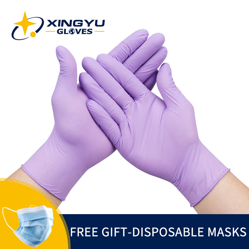 Xingyu-Guantes de nitrilo desechables, protectores de mano de color púrpura, apto para uso alimentario, impermeable, para seguridad y sin alergia, 100 uds./paquete