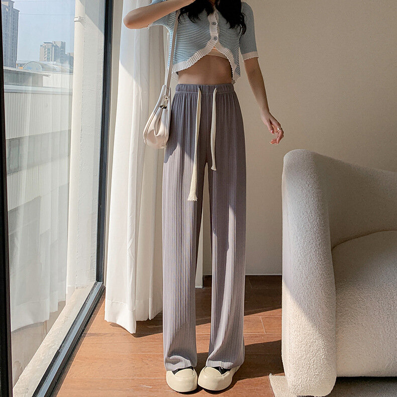 2022ผู้หญิงฤดูร้อนใหม่กางเกง Drawstring กว้างขากางเกงชีฟองยาว Mopping สูงเอว Casual กางเกง