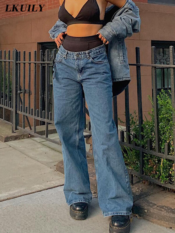 جينز غير رسمي للمرأة الفضفاضة موضة Famale ملابس الشارع الشهير عالية الخصر السراويل واسعة الساق فضفاض الجمالية الصلبة بنطلون مستقيم