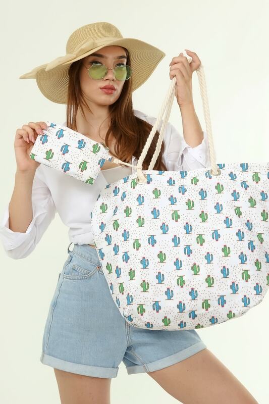 Women Beach Bag Wallet Detailed Printed Tote Bag Fashion Summer Large Capacity Tote Bag