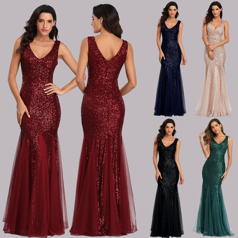 V-Neck Sequins Lace Mermaid Evening Dress Elegant Floor Length Women Party Dress Wholesale Gala Dress