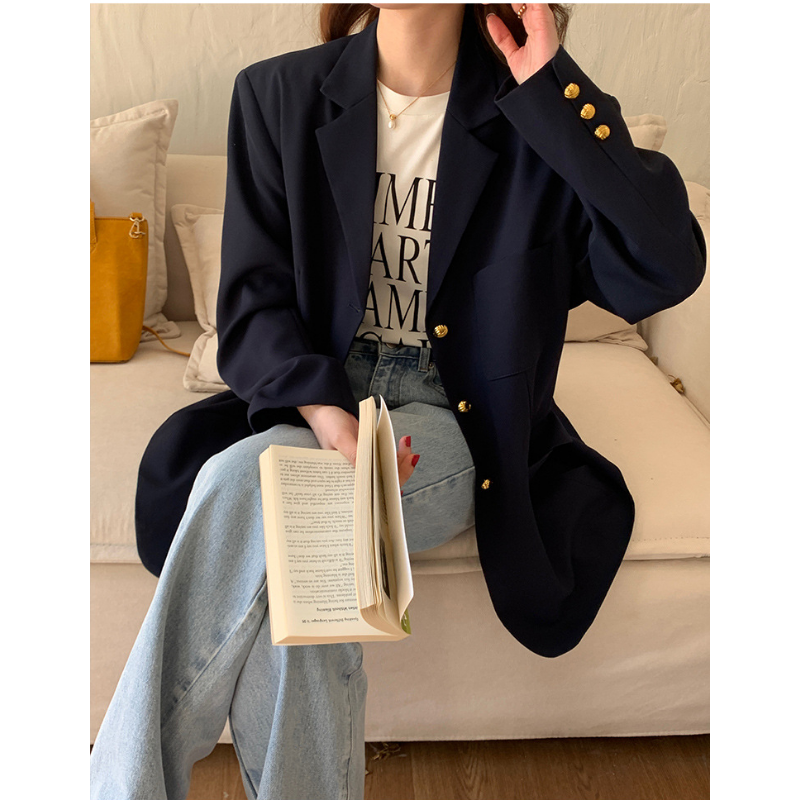Blazers femininos de comprimento médio, terno azul marinho, botões dourados soltos, bolsos de fenda traseira, roupas de lazer confortáveis para senhora, outono, 2023