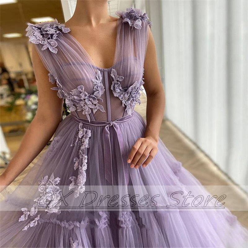 Gaun Prom A-line Bunga 3D Sederhana 2022 Gaun Malam Wanita Tulle Kerah V Rendah Gaun Pesta Panjang Terbungkus Lantai Tanpa Lengan