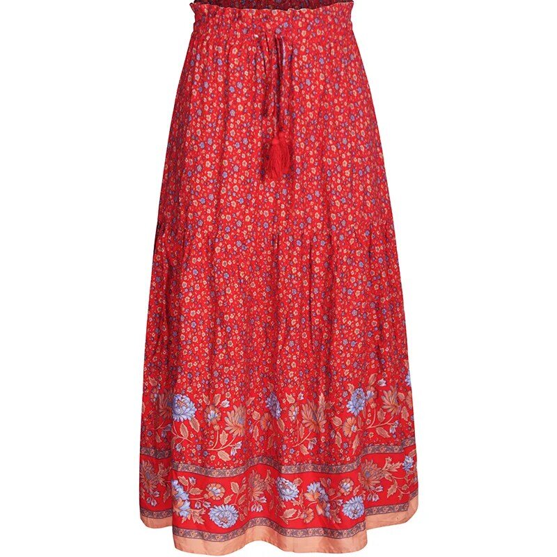 hirigin Vintage Women Summer Bohemian Style Skirts 2022 High Waist Beachwear Casual Floral Print A-line Long Skirts with Tassels