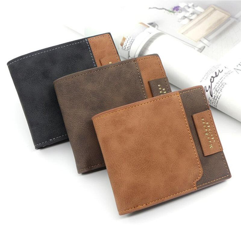 男性用ヴィンテージレザーバッグ,短い3つ折りの財布,コイン,ジッパー,クレジットカード用
