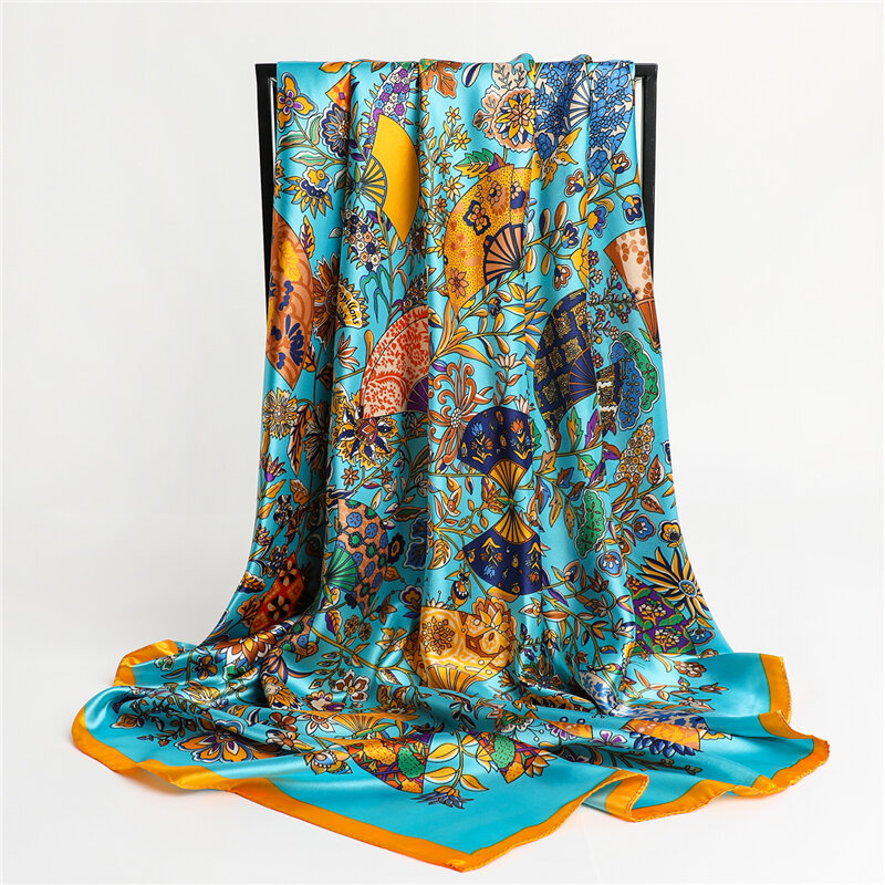 Foulard carré en Satin de soie pour femmes, Hijab à imprimé Floral, châles enveloppés, bandeau Bandana, 90x90cm