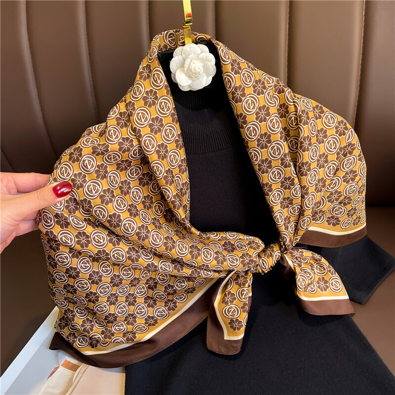 Foulard carré en Satin de soie sergé pour femmes, 90x90cm, Hijab, Design imprimé, cravate pour cheveux, bandeau, châle enveloppant pour dames musulmanes