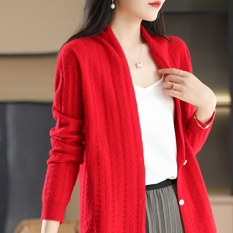 Ladies Wool Cardigan Jacket 2022 Spring And Autumn New 100% Pure Wool V-Neck Sweater Soft Skin-Friendly Loose Knitted Outerwear