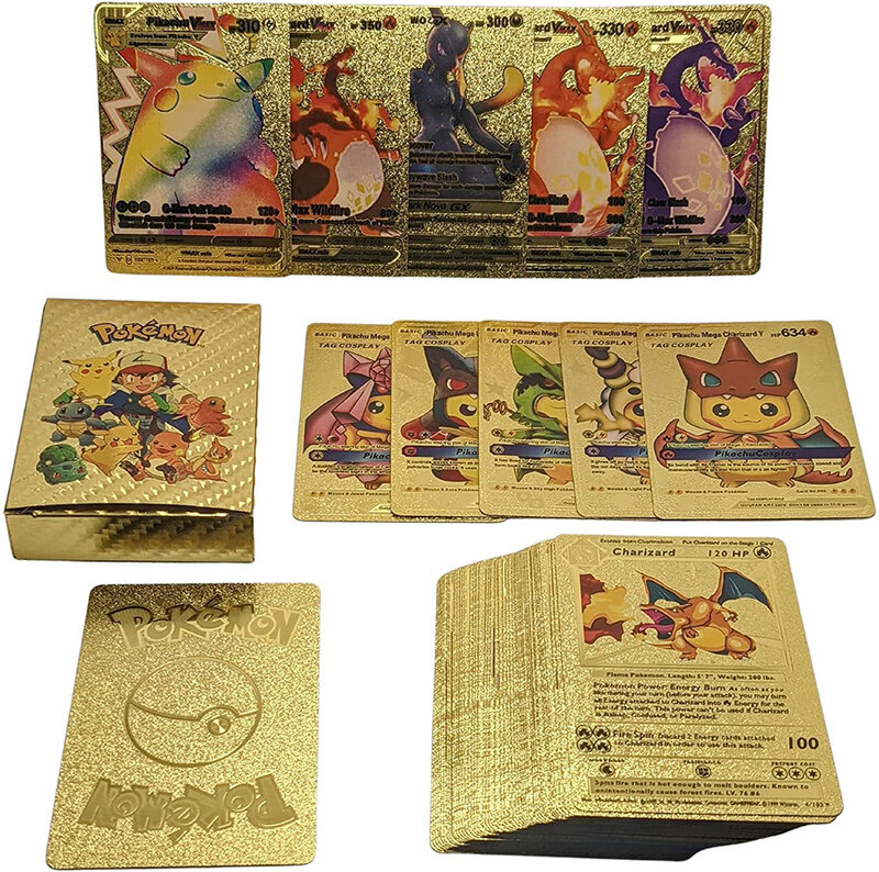 Cartes Pokemon en métal or Vmax GX, 11 pièces, carte d'énergie Charizard Pikachu, Collection Rare, carte d'entraînement au combat, jouets pour enfants, cadeaux