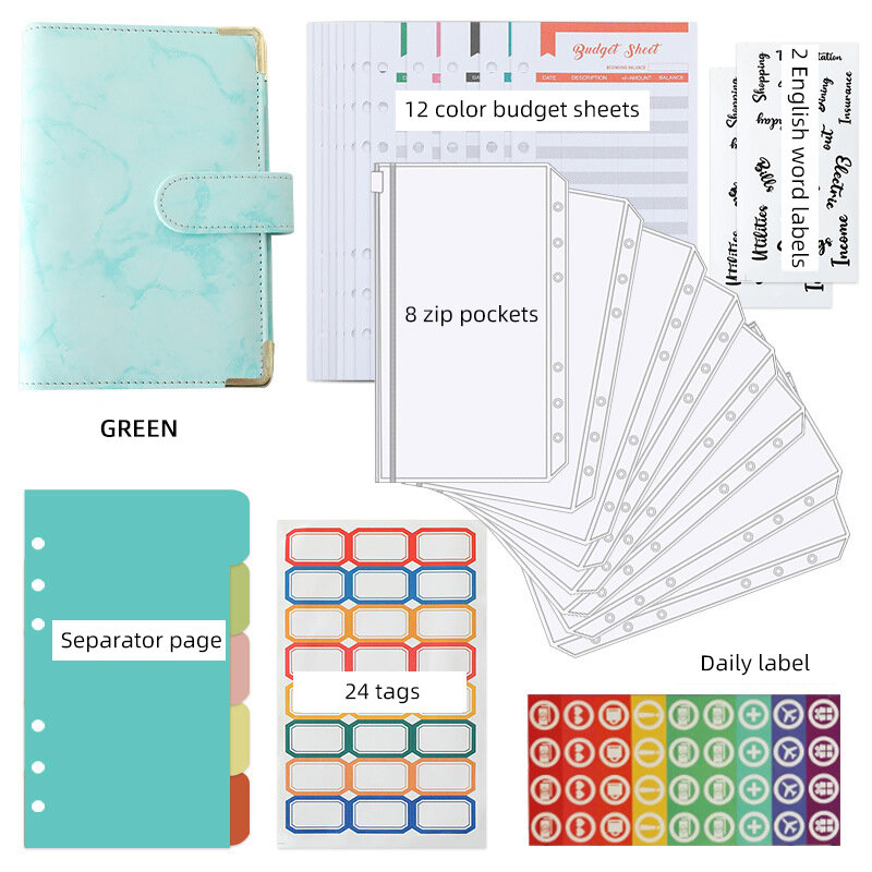 A6 PU Leather Notebook Binder Budget Planner Organizer per risparmio di contanti busta con cerniera fogli di Budget ed etichette adesive