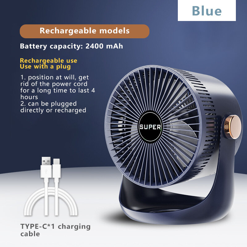 Ventilatore elettrico ricaricabile USB portatile 2400mAh batteria energia eolica ventilatore di raffreddamento montabile a parete Mini ventilatore da tavolo