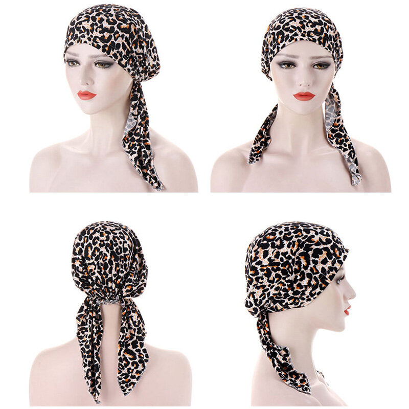 Moda leopardo muçulmano turbante feminino vintage turbante curvo proteção solar retro headwear cabelo envoltório hijab bandana bonés