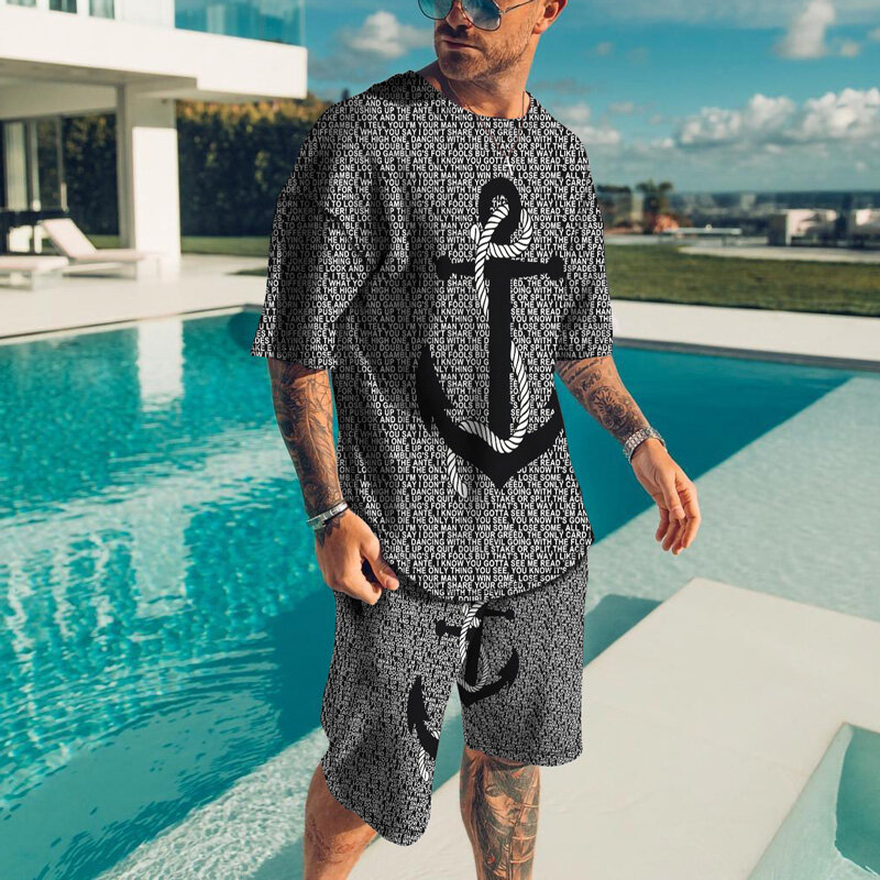 2022 Summer Man Tracksuit Ship Anchor 3D Printed Fashion Casual Men's Oversized Clothes Suit Tshirt Shorts 2 Piece Sets Conjunto