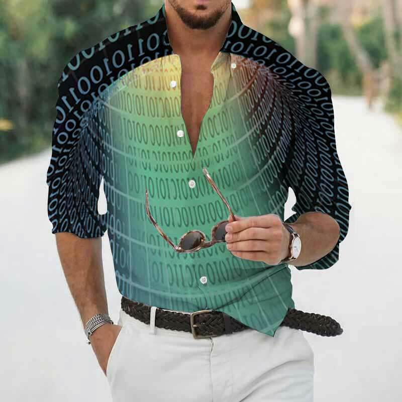 Chemises à revers pour hommes, Streetwear décontracté à manches longues avec impression géométrique numérique, à la mode, printemps automne